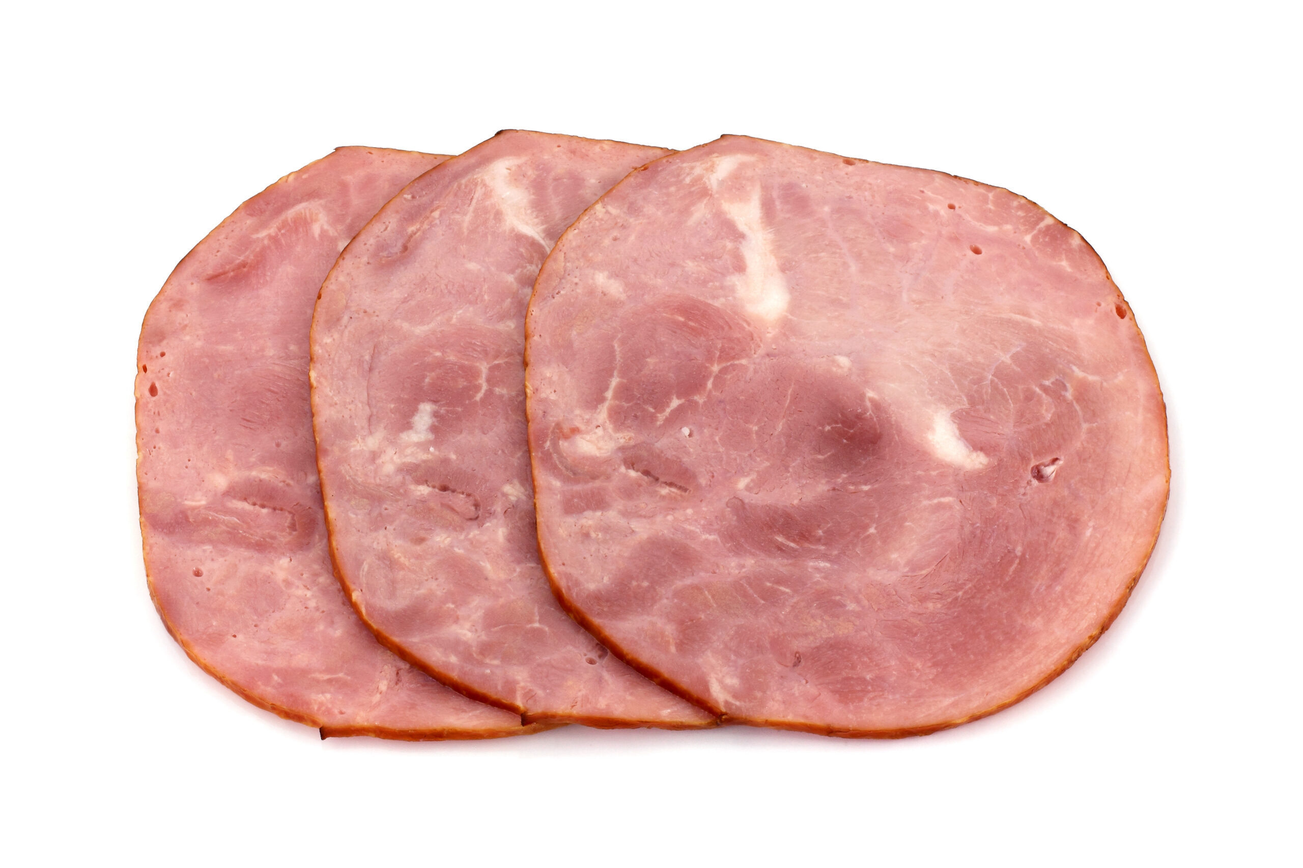 Three pieces of Virginia baked ham on a white background.