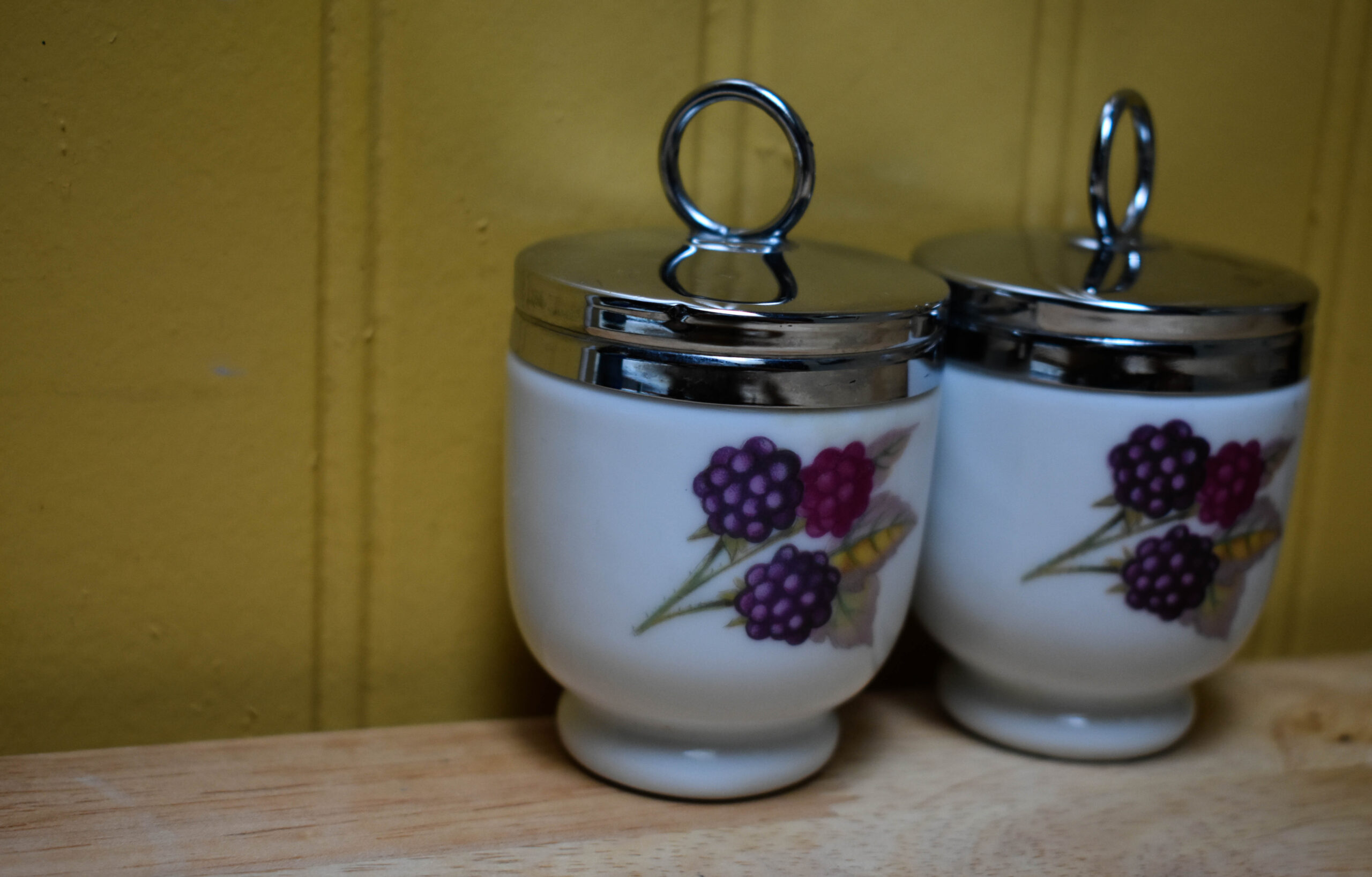 Egg coddlers from England on counter in kitchen