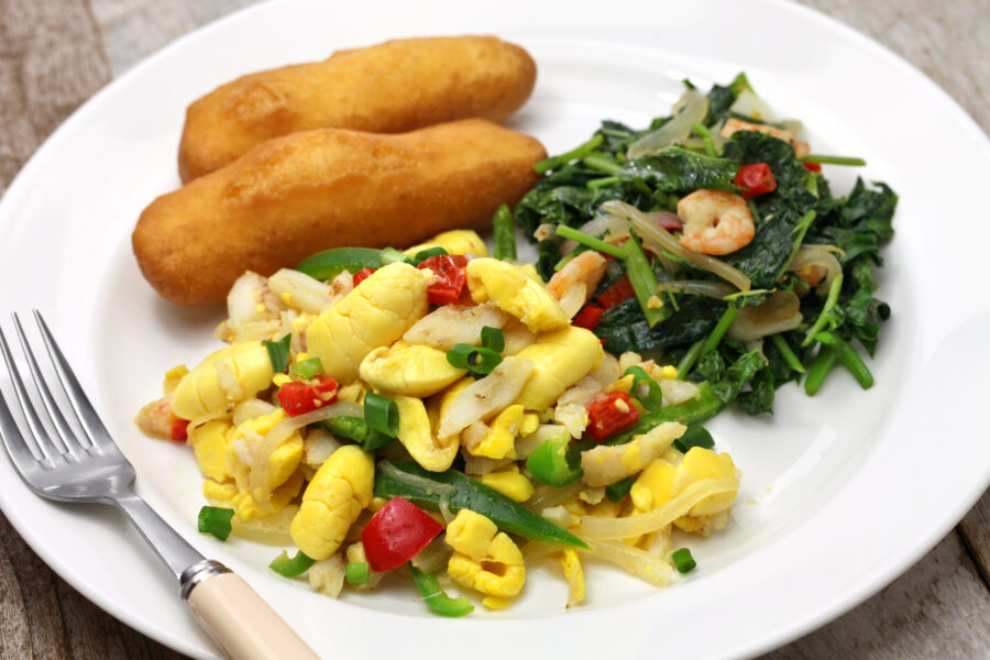 jamaican breakfast, ackee and saltfish, callaloo