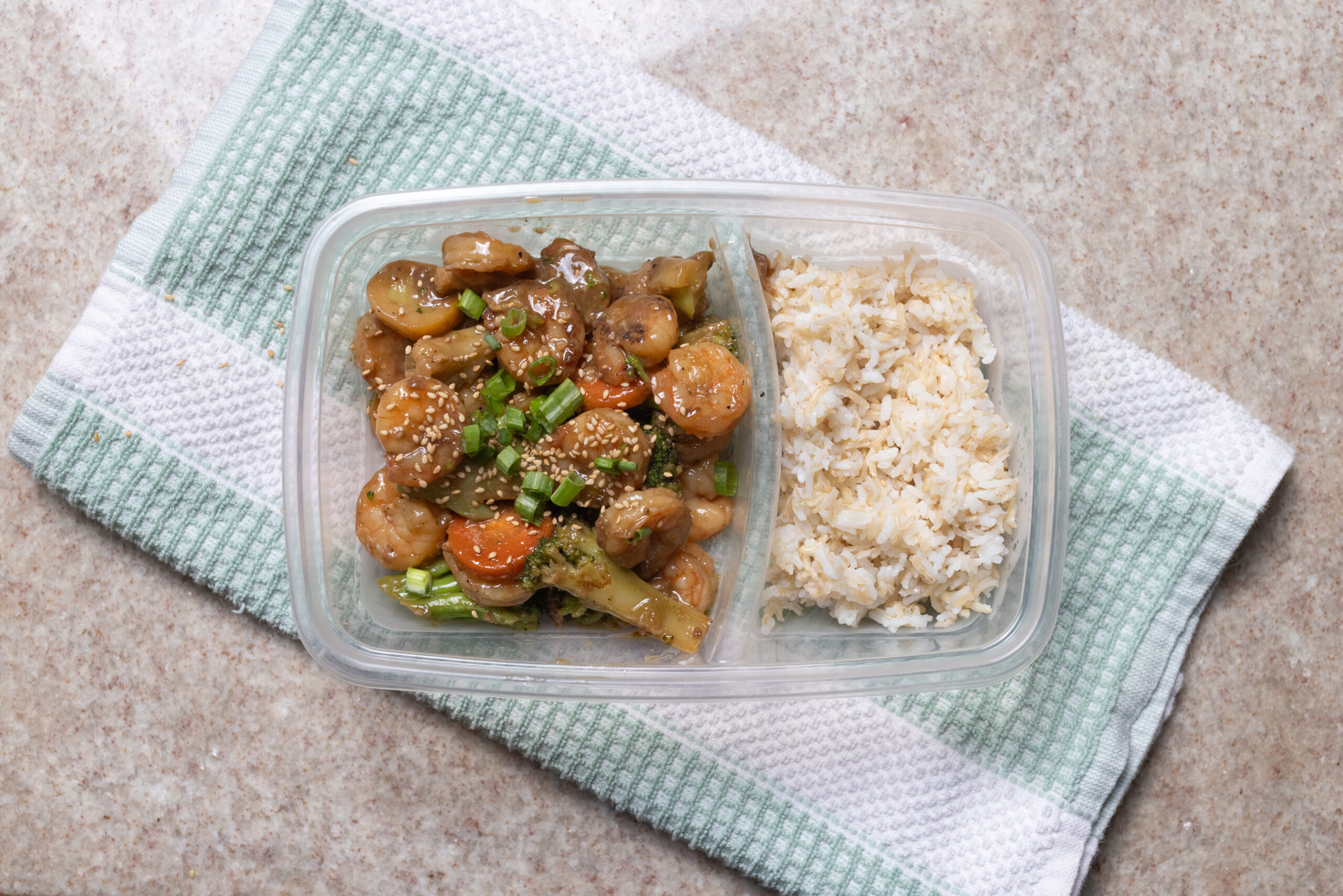 Meal Prep - Shrimp Stir Fry with Broccoli, Carrots, and Zucchini - Top Down