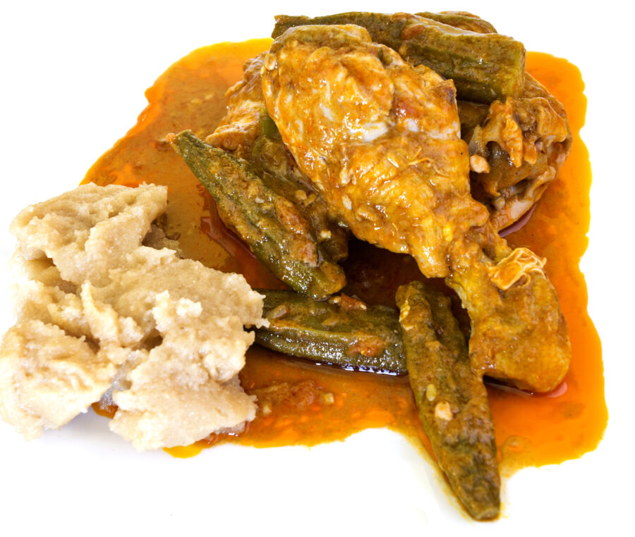 Moamba de galinha, also called Chicken Stew with Red Palm Oil, is a traditional dish from Angola in West Africa  made of chicken and okra cooked in red palm oil.