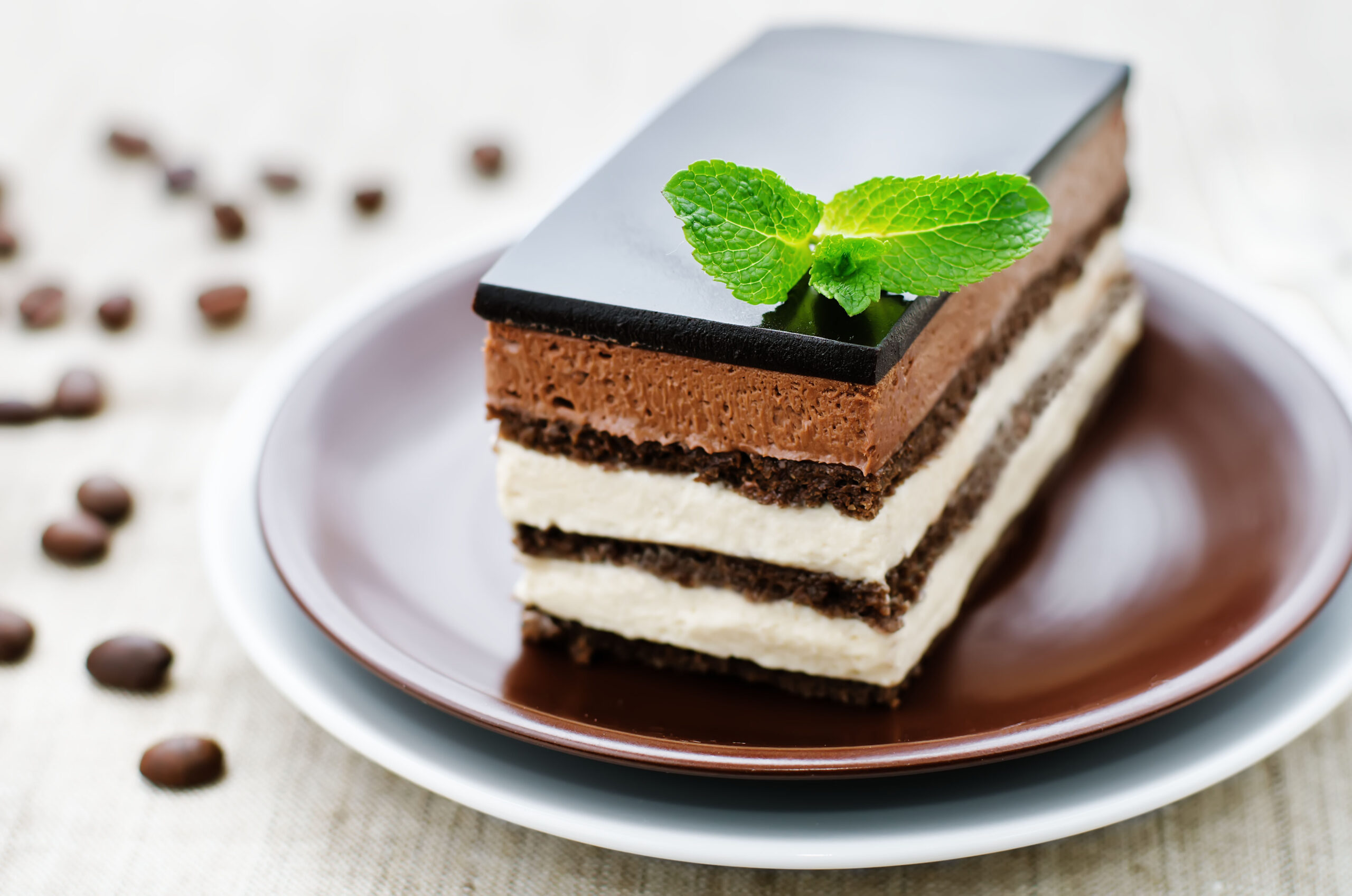 Opera cake on a light brown background. tinting. selective focus