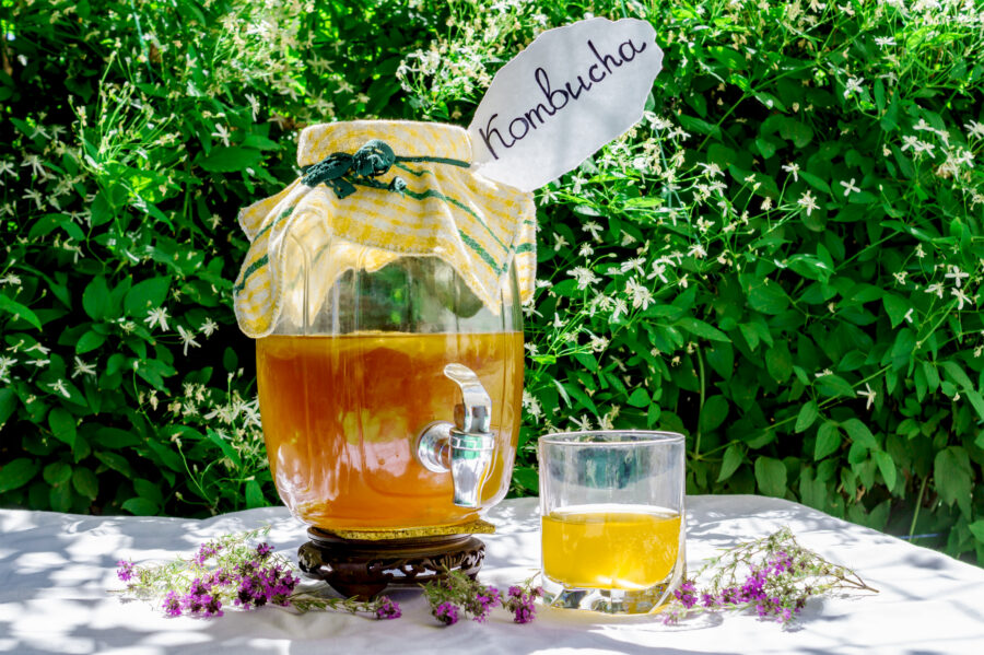 kombucha tea with thyme in a glass old vintage bottle and a glass, with label written kombucha on it on backdrop of blurred flowers. 