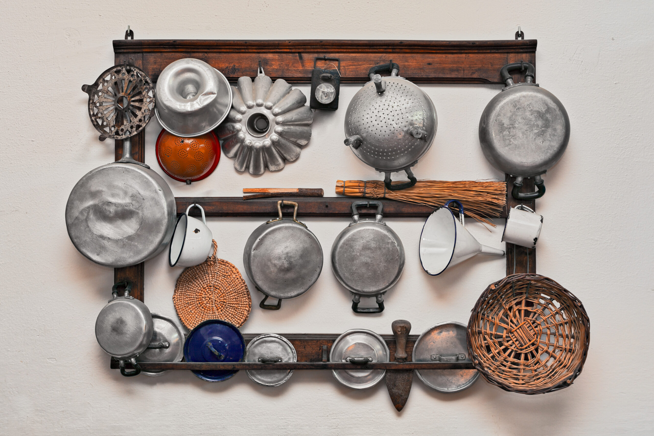set of ancient kitchen utensils - retro equipment of grandmother - pans and kitchenware of the old days