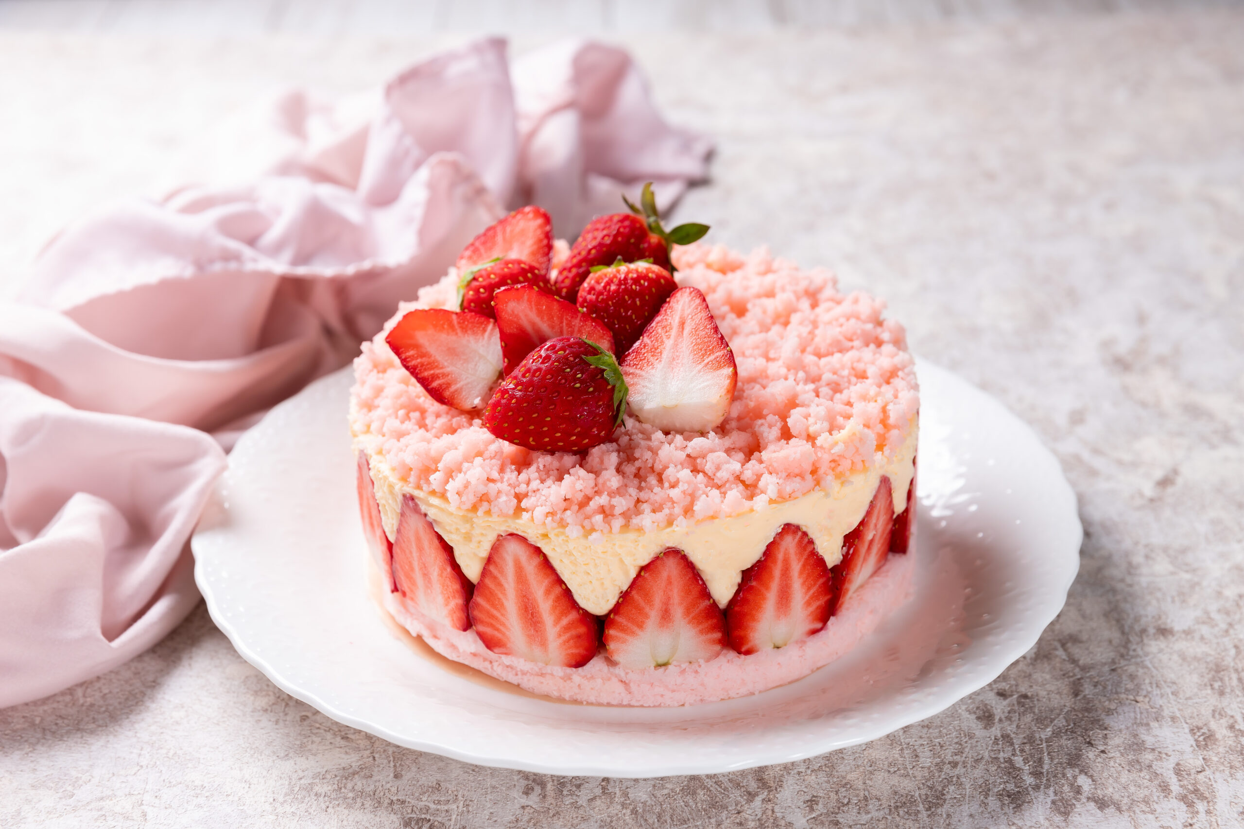 Strawberry cake, Fraisier cake on cncrete background