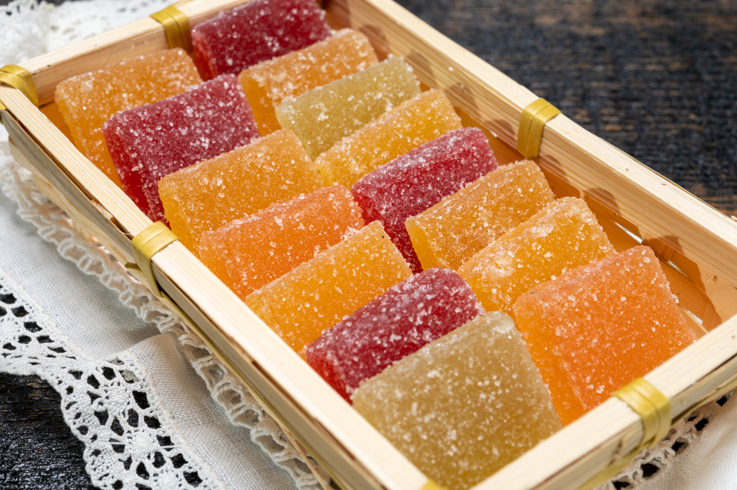 Tasty french dessert, natural colorful fruit pate jellies or madmalade