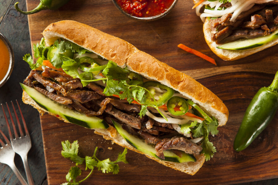 Vietnamese Pork Banh Mi Sandwich with Cilantro and Daikon