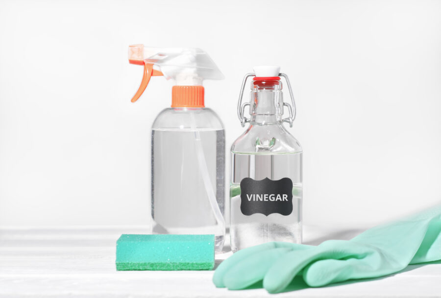 white vinegar for home cleaning chores, rubber glove and kitchen sponge next to sprayer bottle