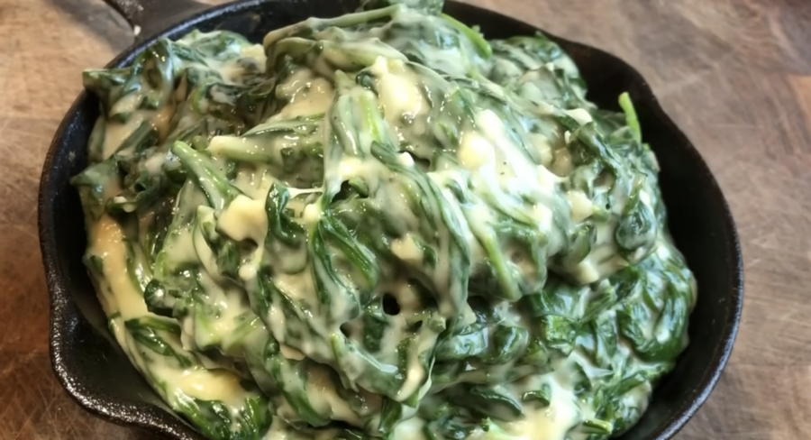 Pan full of creamed spinach, from YouTube video "STEAKHOUSE CREAMED SPINACH" by Cooking with Shareen.