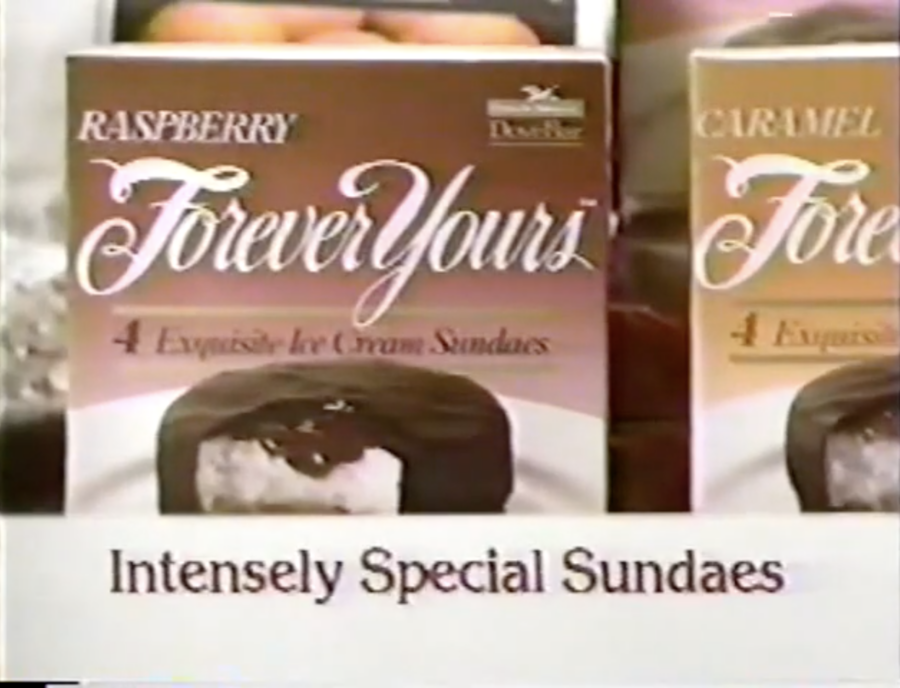 Box of Forever Yours chocolate dessert, from 1987 ad, posted to YouTube by Chuck D's All-New Cla