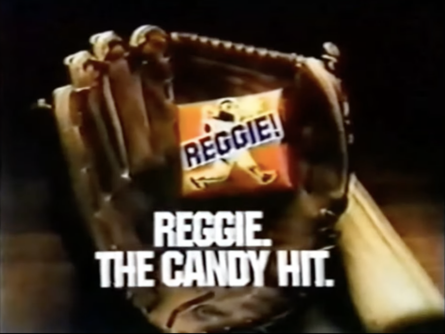 Reggie candy bar in baseball mit, from 1978 commercial posted to YouTube by Bionic Disco