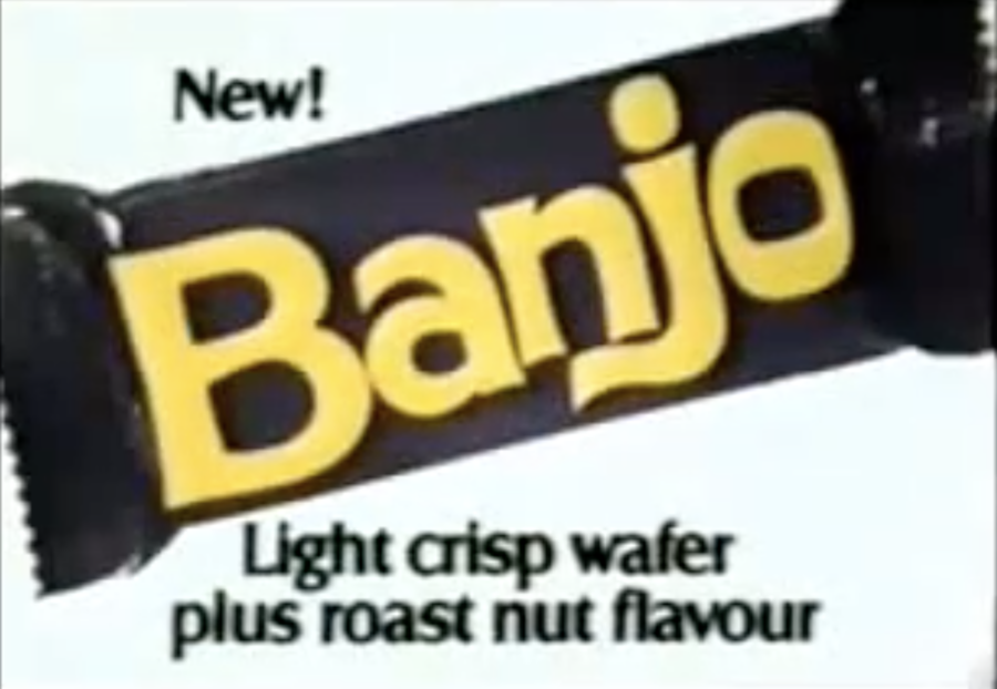 Banjo candy bar, from commercial circa 1970s, posted to YouTube by 
Nina Perez