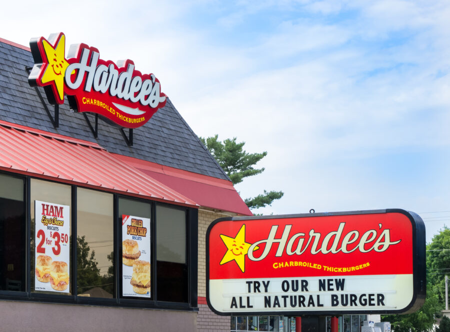 Hardee's restaurant exterior and sign. 