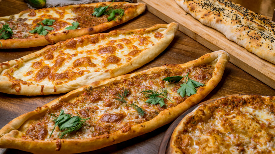 Assorted Turkish foodset: pide with meat , pide with cheese, pide mix, lachmajun