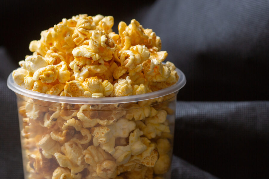 Popcorn in a large bucket.