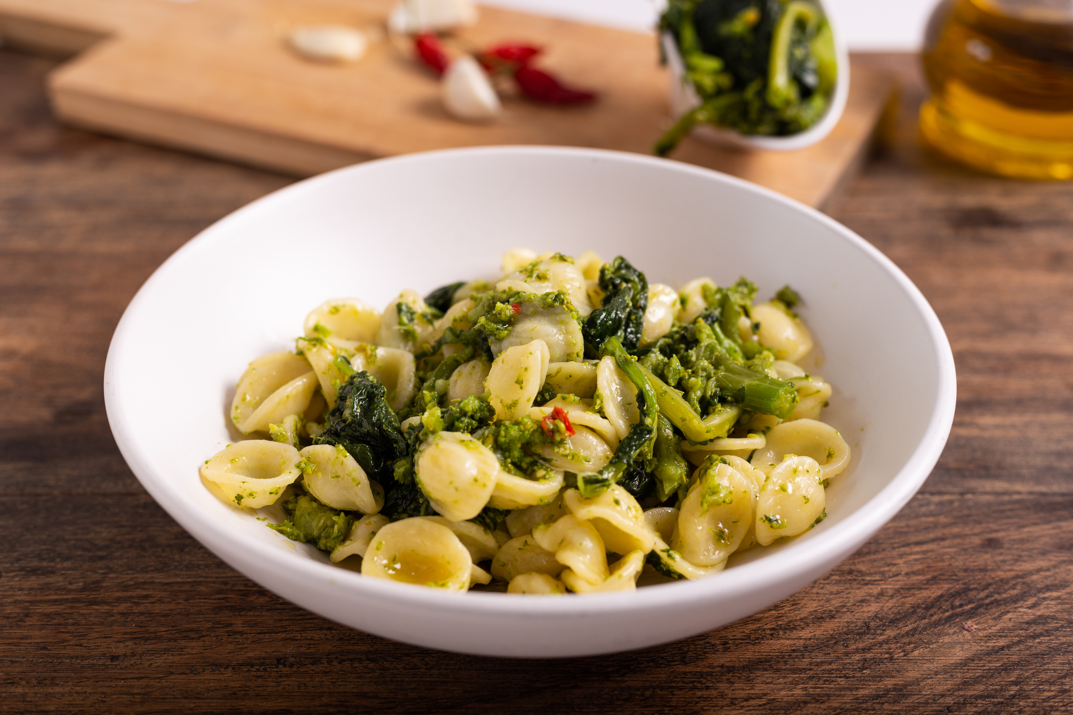 Orecchiette pasta with green turnips. Pasta with cima di rapa, typical south Italy food