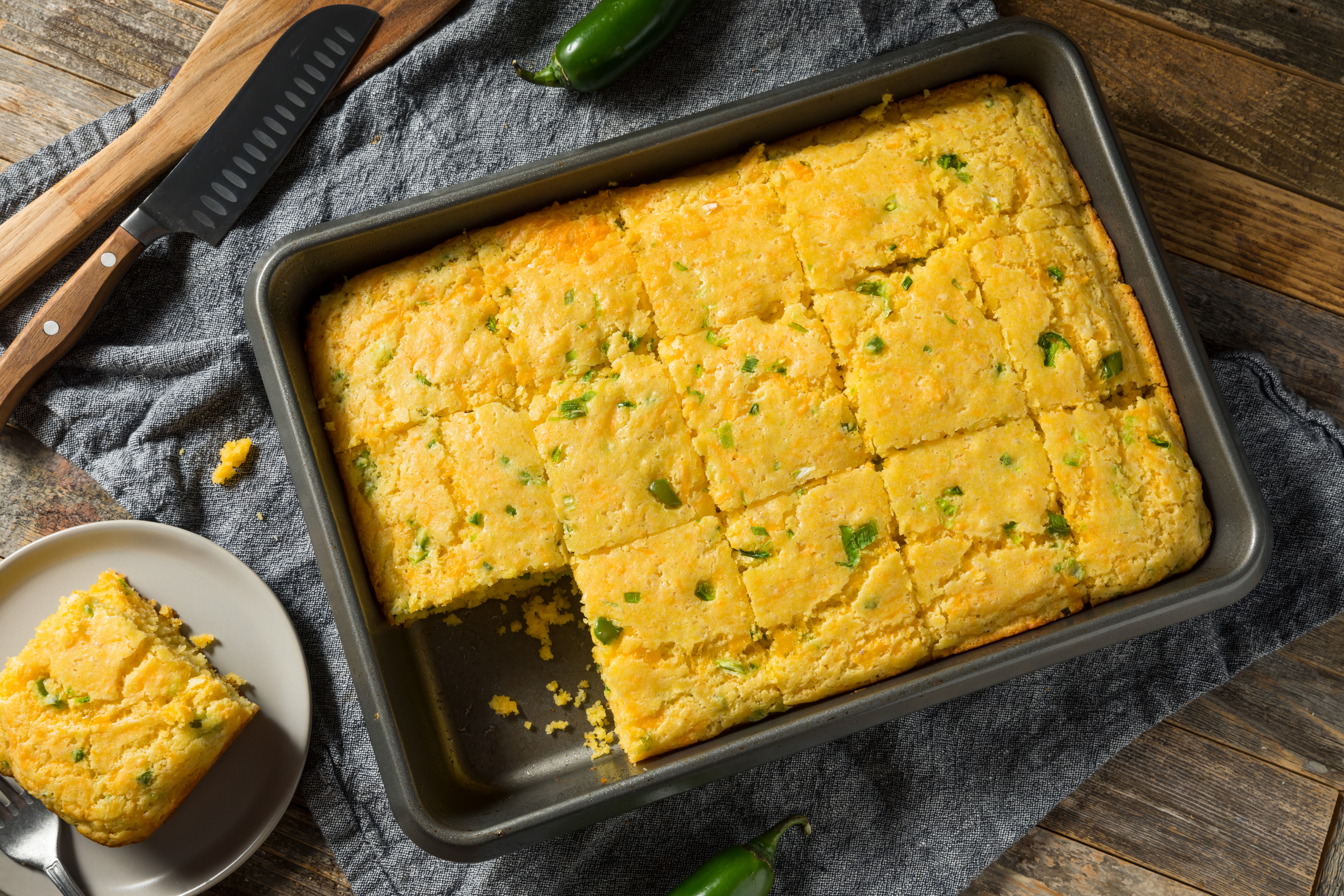 Homemade Spicy Jalapeno Cornbread Cut into Squares