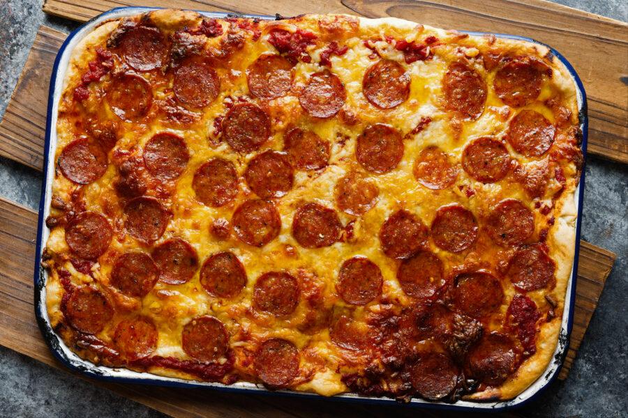 close up of detroit style pepperoni pizza