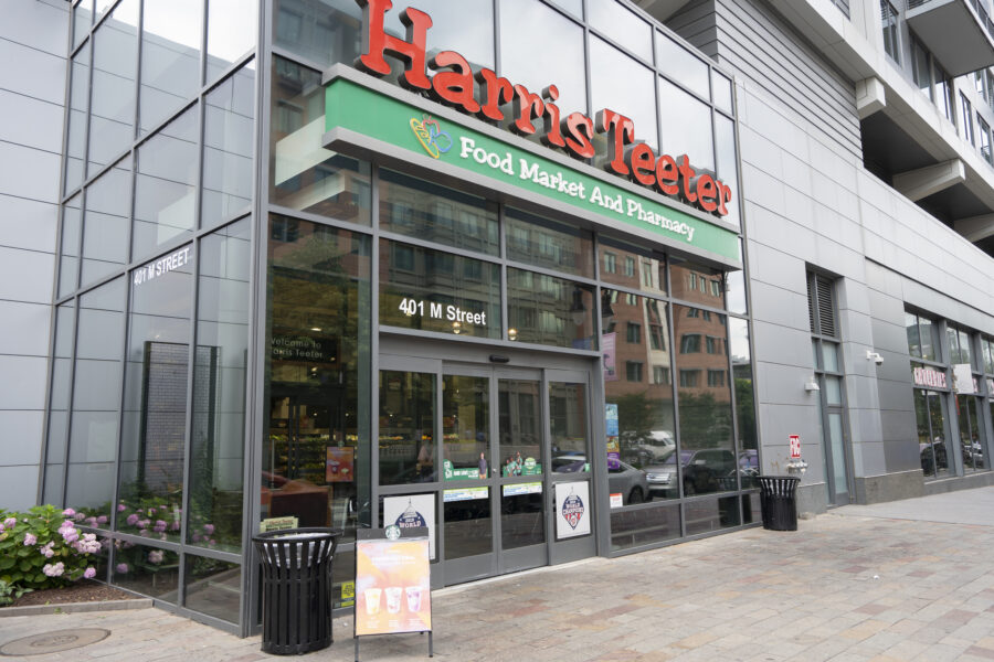 Front view of a Harris Teeter Food Market and Pharmacy in Washington, DC. 