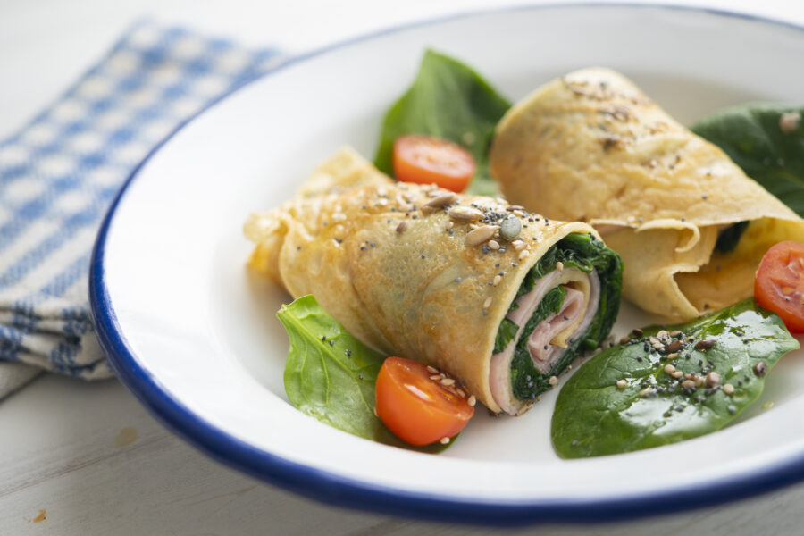 Crepe stuffed with ham and spinach.