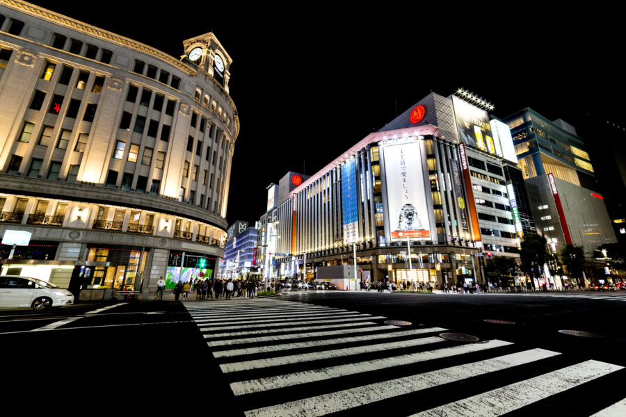 Night view in Ginza: Wako building and Ginza Mitsukoshi department store in Ginza Yonchoume