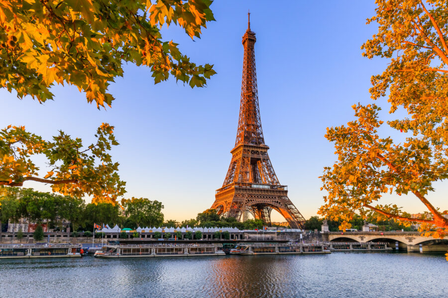 Paris, Eiffel Tower and river Seine at sunrise.