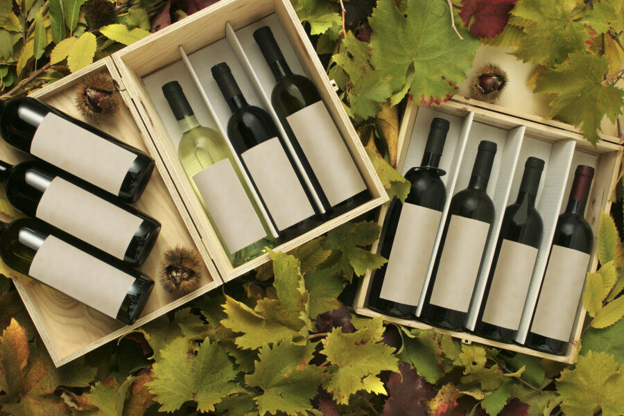 Two wine gift boxes on vine and chestnut leaves.