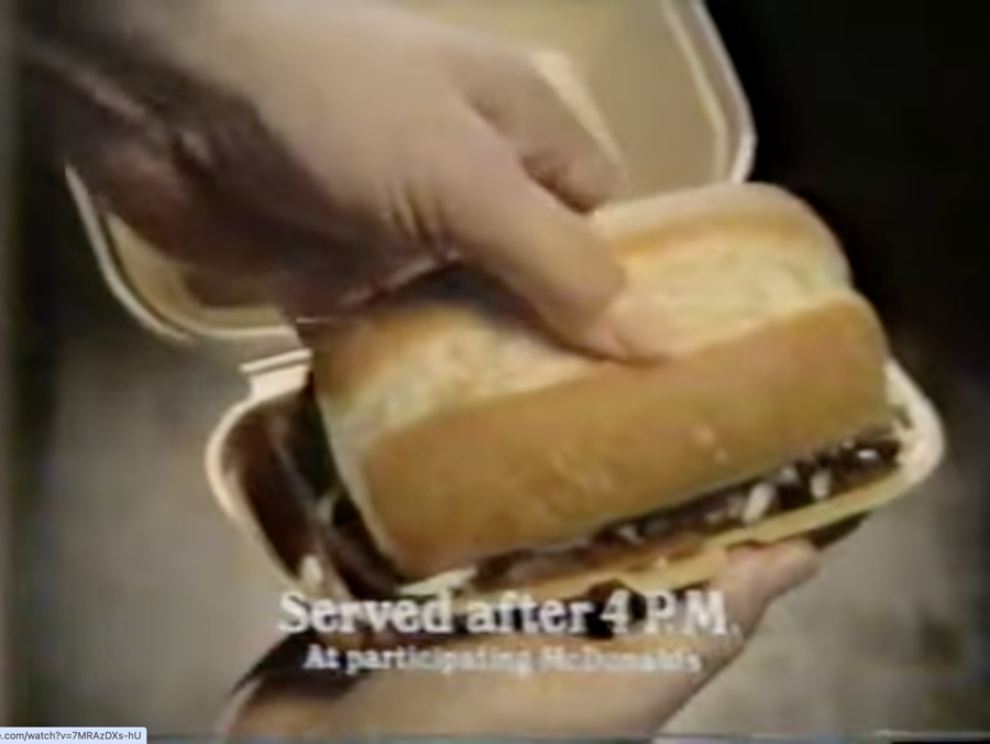 mcdonald's chopped beefsteak sandwich, from 1980s commercial posted to youtube