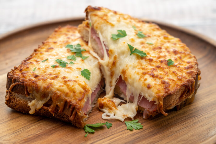 A Croque Monsieur cheese and ham sandwich