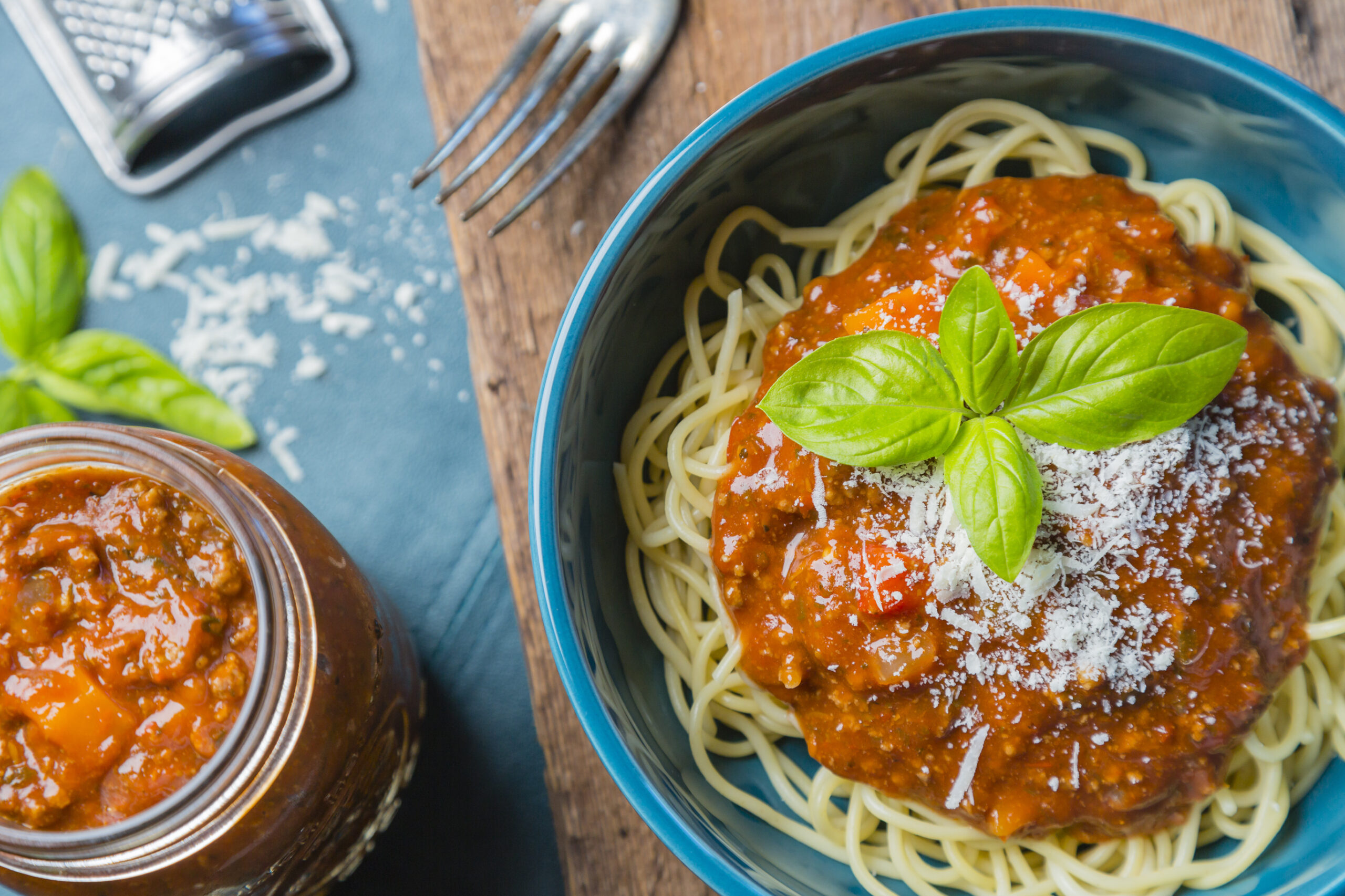 Bolognese sauce, spaghetti, pasta, meat,  cheese, basil