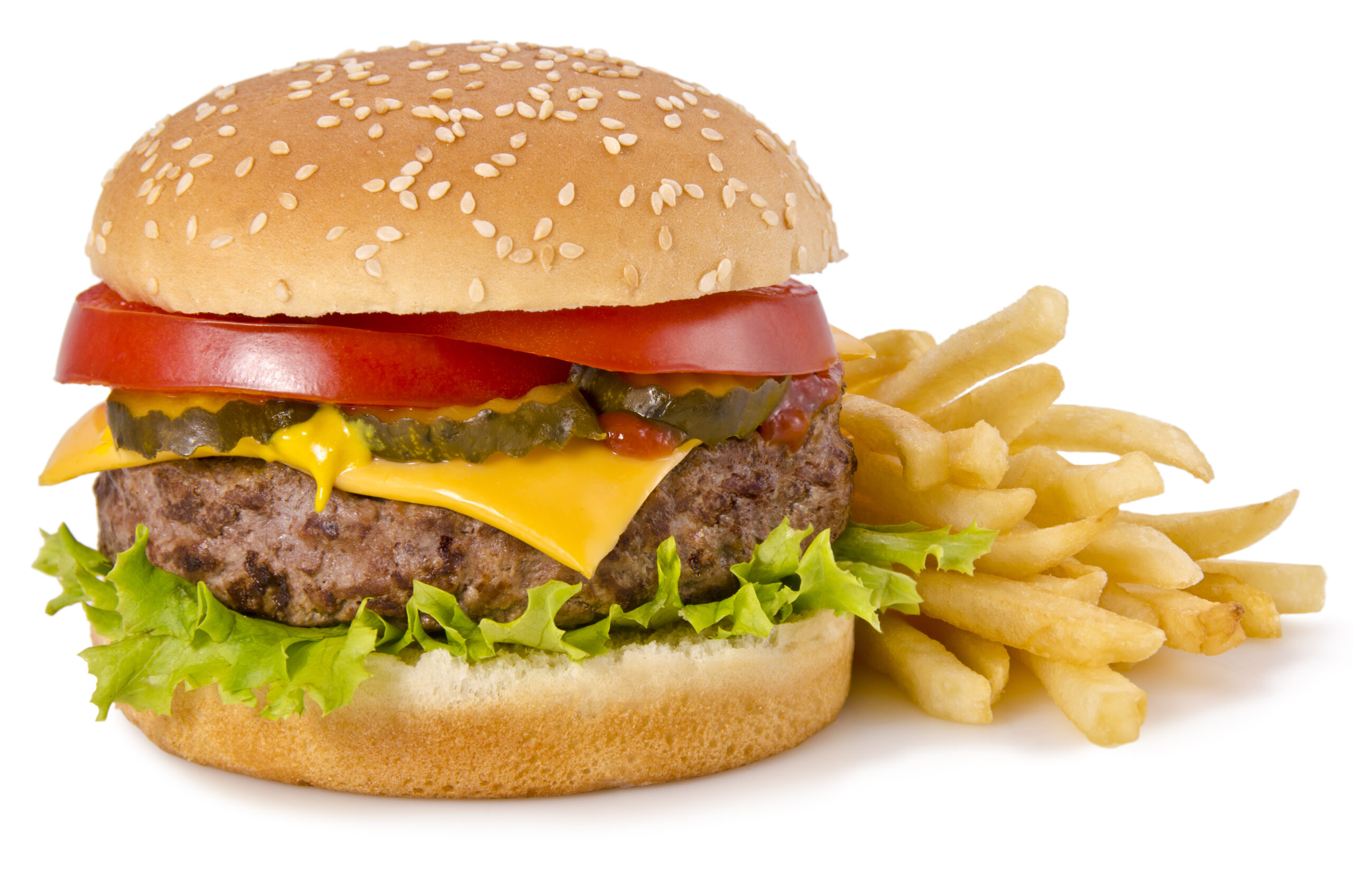 Cheeseburger and french fries, isolated on a white background