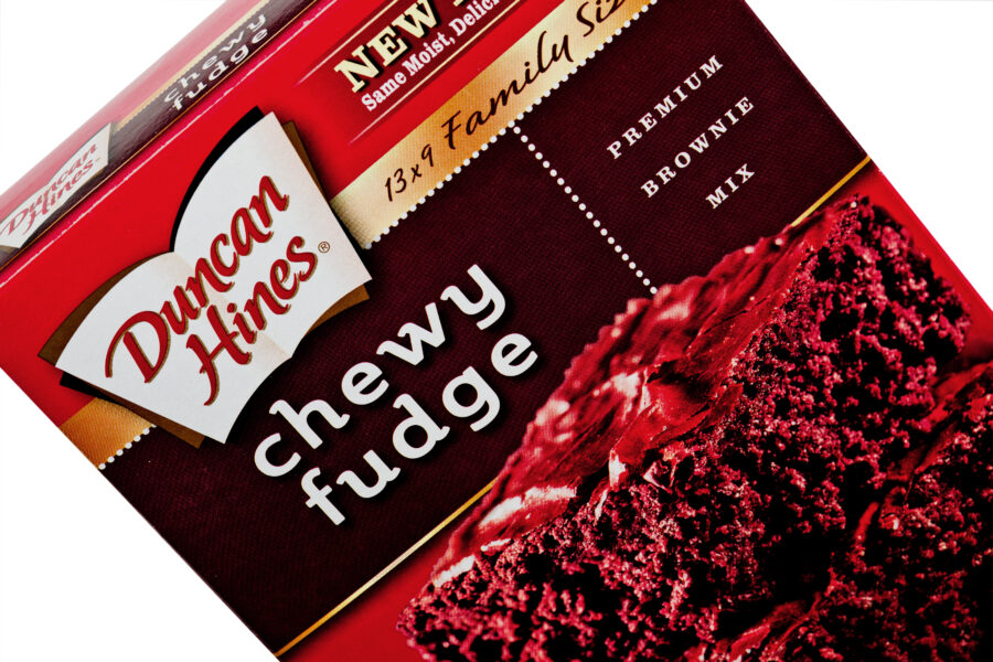 Chico, California USA - February 26, 2011:An isolated box of Duncan Hines Chewy Fudge Brownie mix. The brand is now owned by Pinnacle Foods Corporation