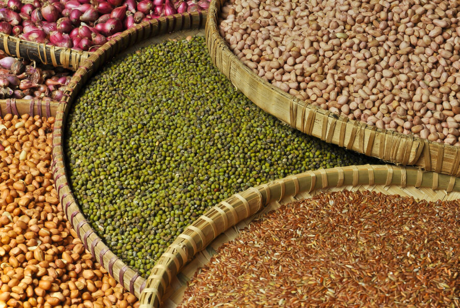 Close-up of various legumes and onions