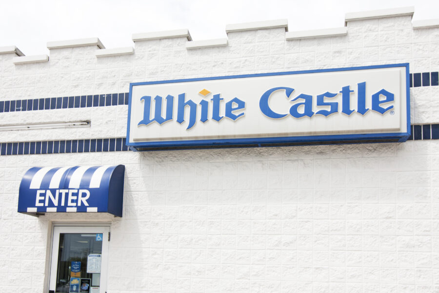 Side entry of White Castle Restaurant, home of a small, square hamburger called the Slider. 