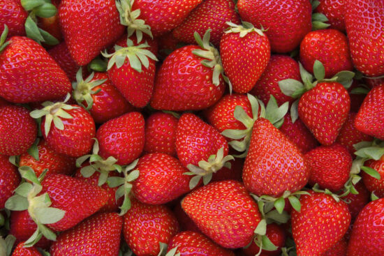 Directly above view of fresh red strawberries.