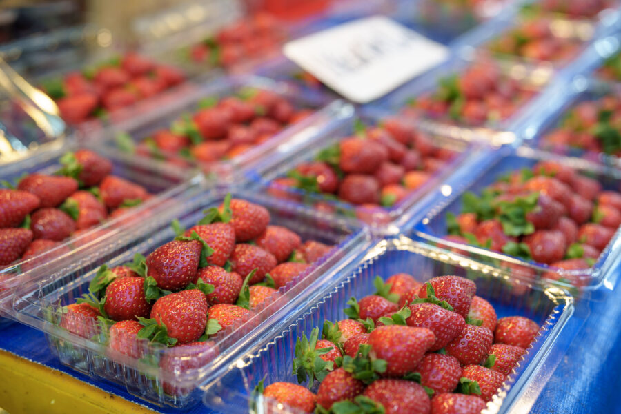 Fresh strawberries are arranged in plastic boxes