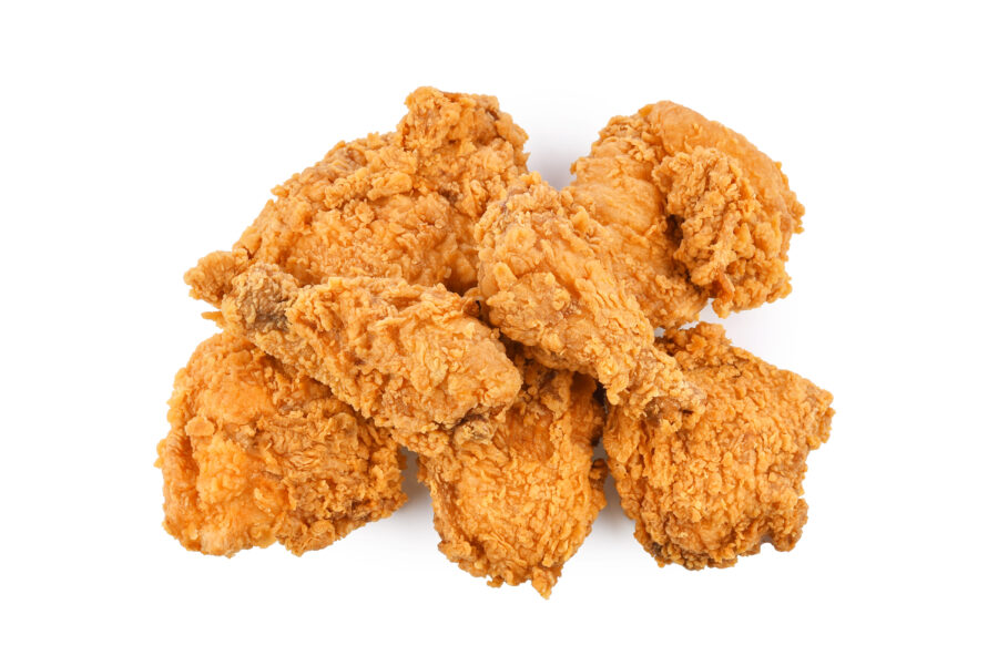 Fried chicken isolated on white background. Top view