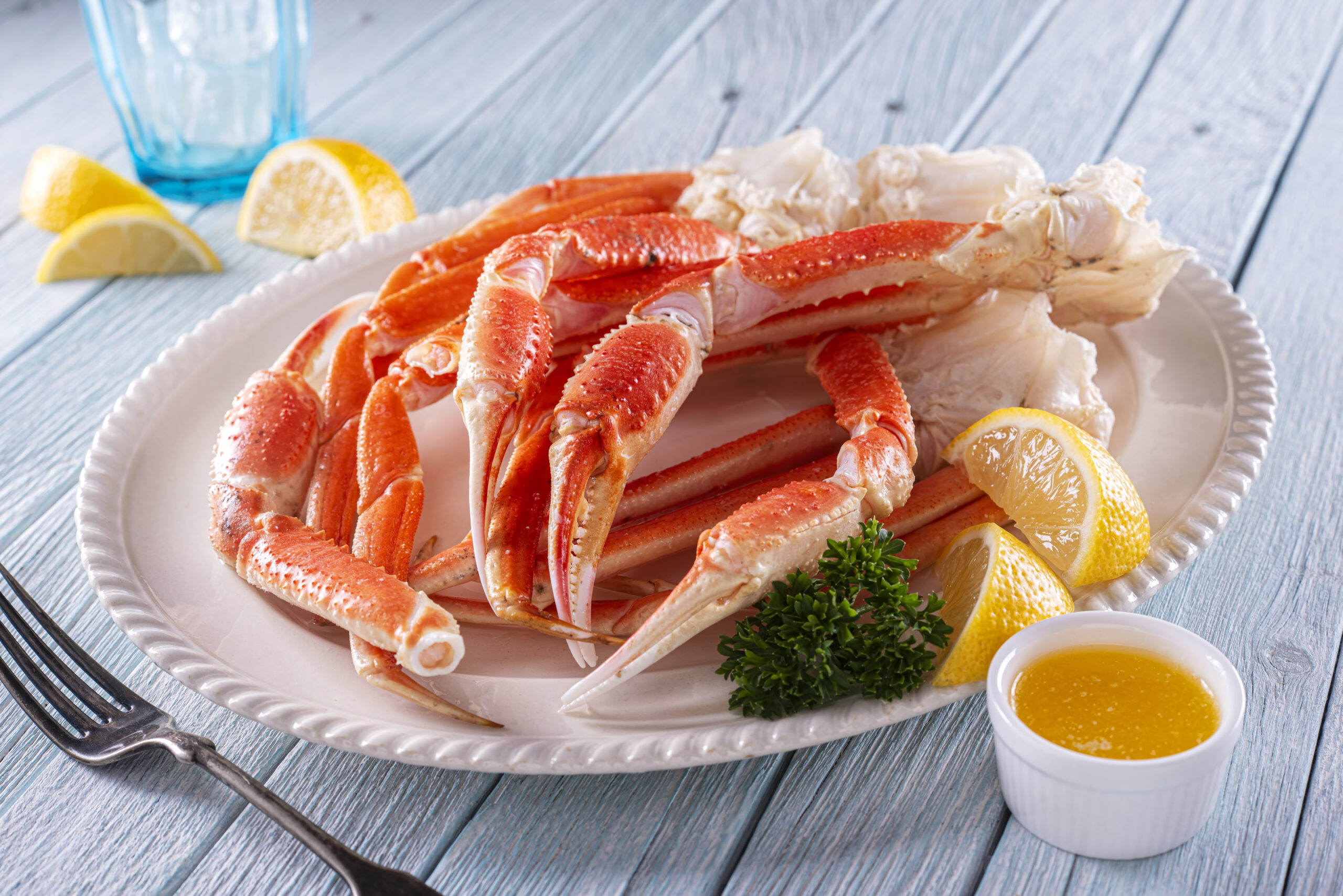 A plate of delicious snow crab leg clusters with lemon, parsley and melted butter.
