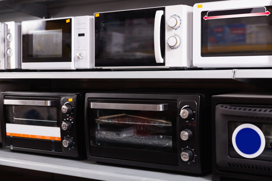 Image of assortment of a stylish kitchen microwave at household  appliances store