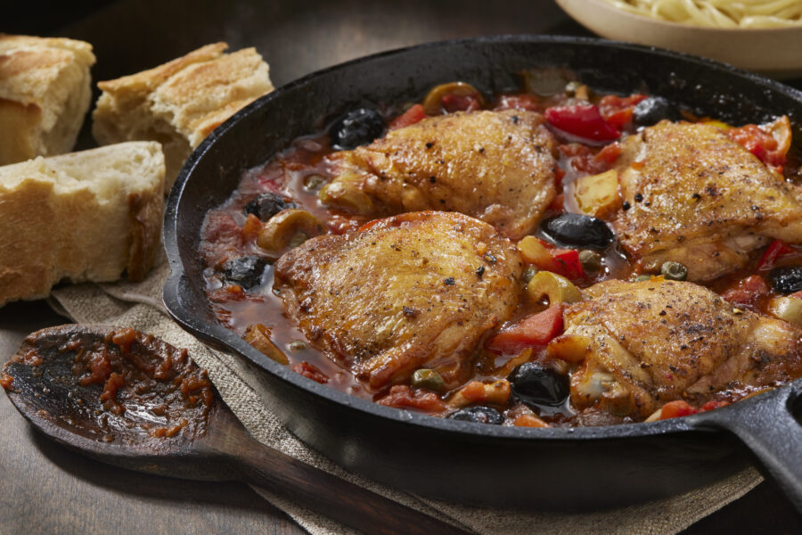 Italian Braised Chicken Thigh Cacciatore with Olives, Onions, Red Peppers, Tomatoes and Linguini