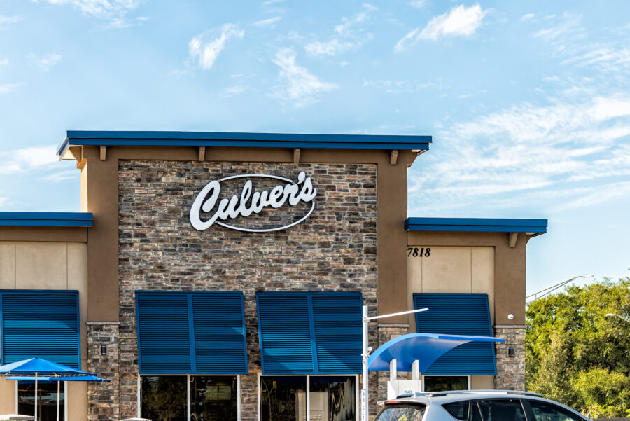 Sign on building for Culver's chain restaurant exterior 