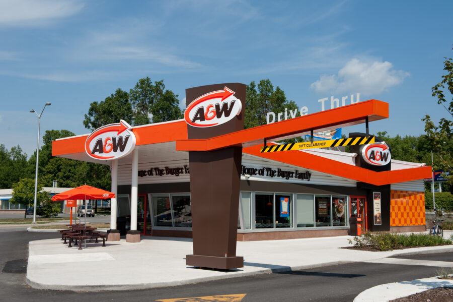 A new A&W restaurant, in the retro design, on Terry Fox Drive in Kanata, a suburb of Ottawa, Ontario, Canada. 