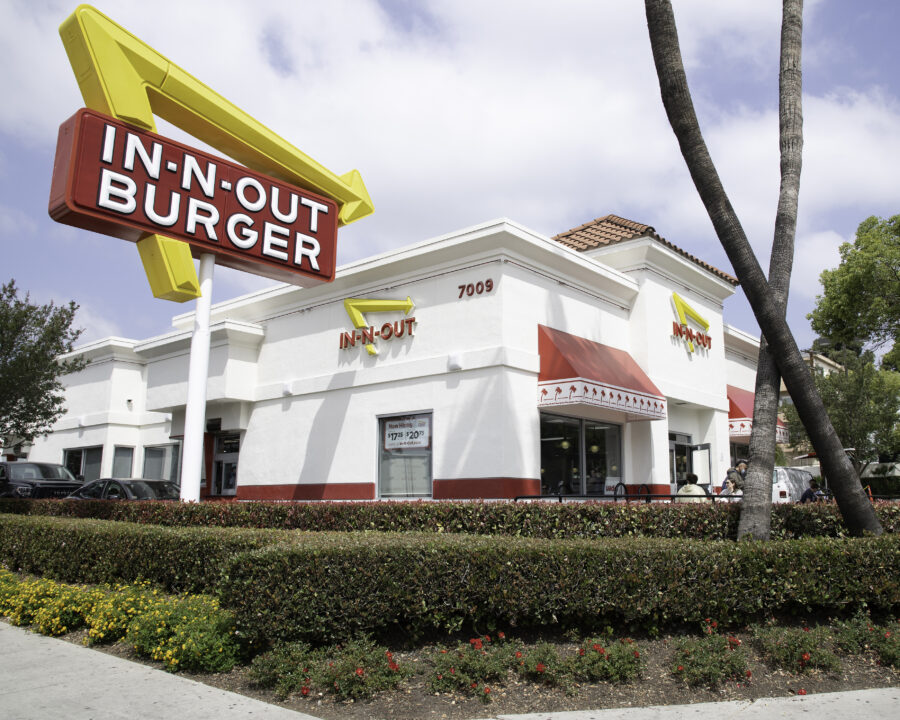 Exterior of an IN-N-OUT BURGER restaurant on Sunset Boulevard in Los Angeles, CA.