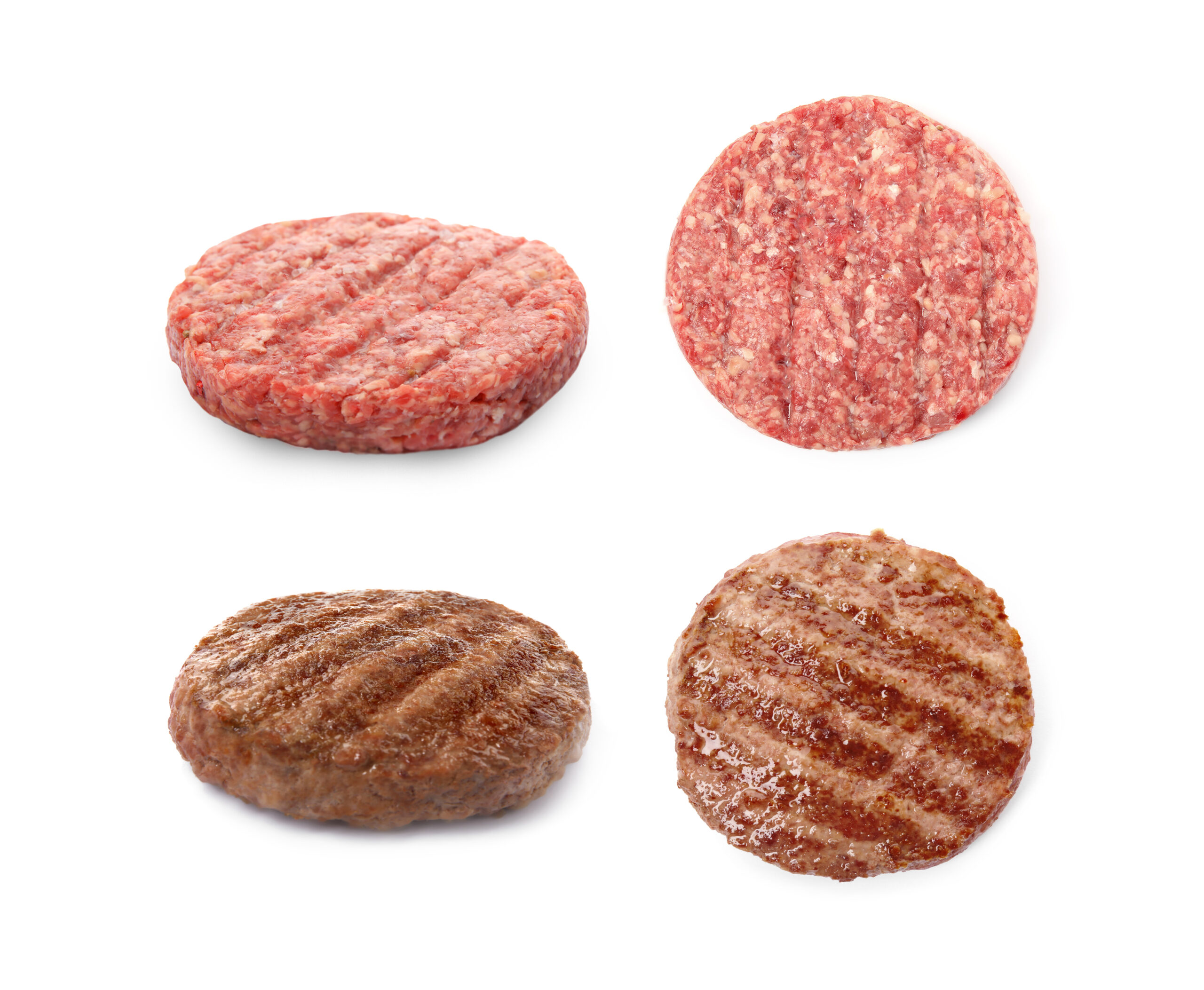 Raw and grilled hamburger patties on white background, collage