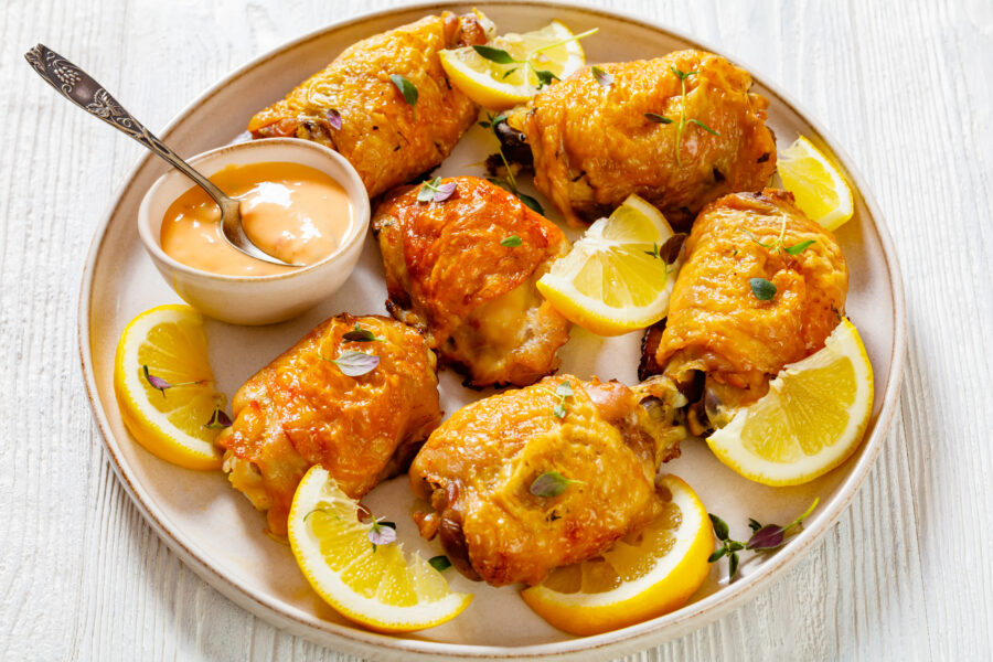 roast chicken thighs with lemon, thyme and spices on platter with sauce on white wooden table