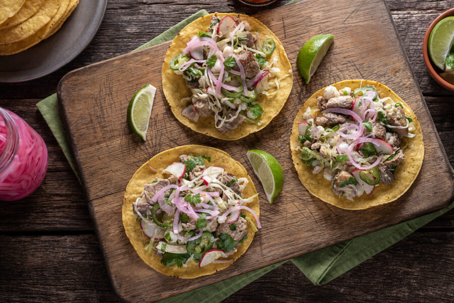 Roasted Pork Tostada with Pickled Onions, Lime and Cilantro