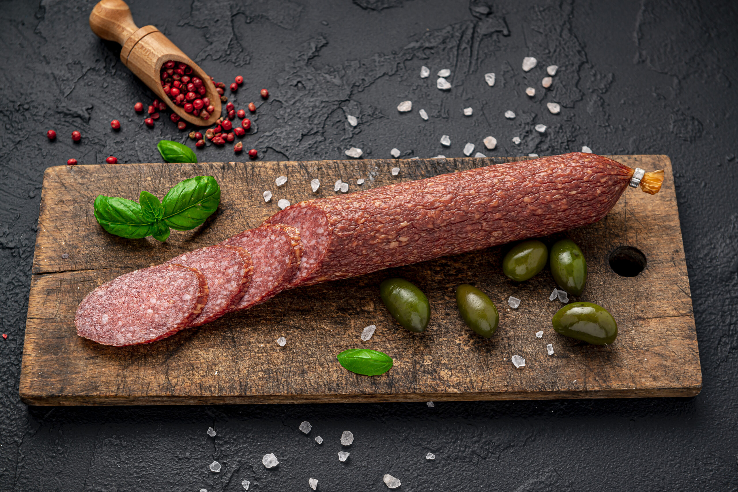 Salami. Dried organic salami sausage or spanish chorizo. Italian salami.