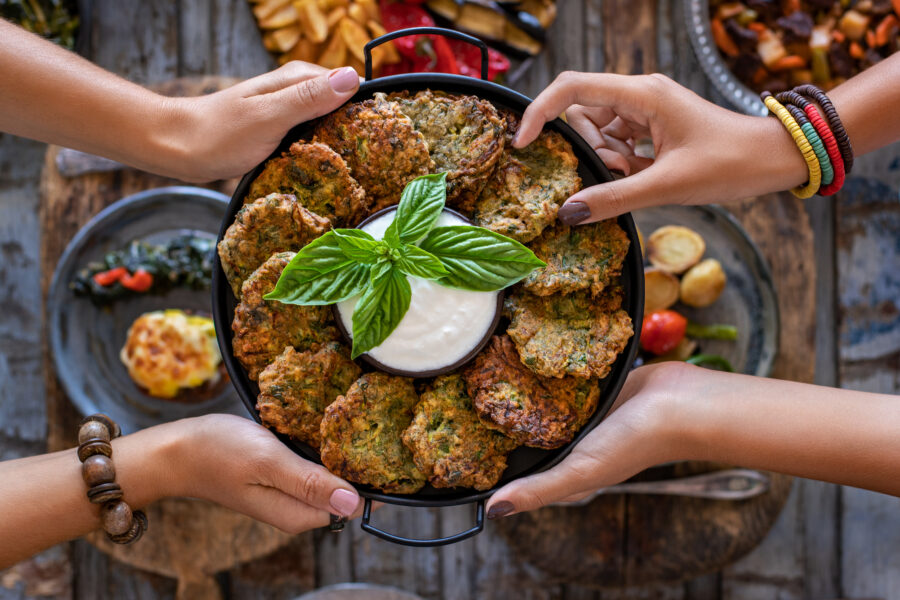 Vegetarian food with fried vegetables.