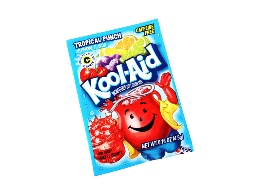 Studio shot of a packet of Tropical Punch Kool-Aid. 