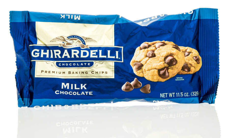 Winneconne, WI, USA- 19 May 2016:  Package of Ghirardelli chocolate chips on an isolated background